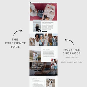 May include: A website screenshot showing a photography business's "Experience" page. The page features a variety of images of couples and families, along with text describing the photographer's services and what to expect. The text includes the phrase "I have no words that can do her work justice."