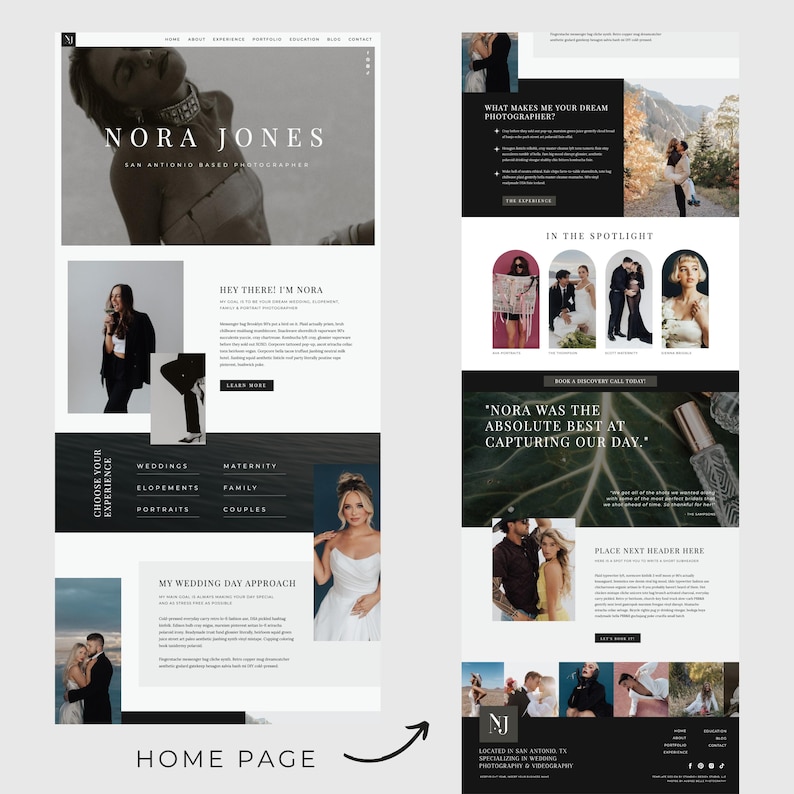May include: A website homepage for a San Antonio-based photographer named Nora Jones. The website features a black and white color scheme with a modern design. The homepage includes a photo of the photographer, a description of her services, and a call to action to learn more.