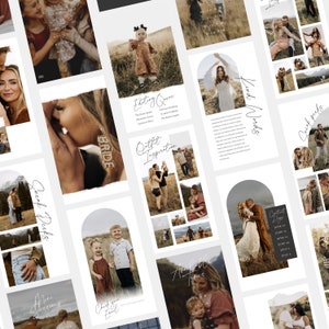 May include: A collage of images featuring a variety of photography styles, including portraits, landscapes, and lifestyle shots. The images are arranged in a grid pattern and feature a warm color palette. The text "Sneak Peeks", "Editing Queen", "Outfit Inspiration", "Kind Words", "Check your Email", "Available Times", "Count Days", and "Mini Sessions" is included in the collage.
