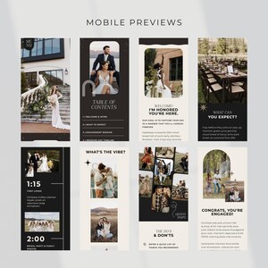 Pu&ograve; includere: Anteprime mobili del sito web di un wedding planner. Il design presenta layout in bianco e nero con foto e testo. Le sezioni includono "Sommario", "Cosa aspettarsi" e "Congratulazioni, sei fidanzato!"