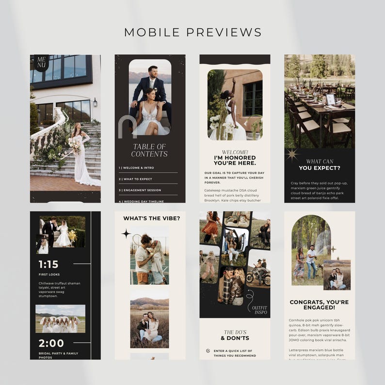 Pu&ograve; includere: Anteprime mobili del sito web di un wedding planner. Il design presenta layout in bianco e nero con foto e testo. Le sezioni includono "Sommario", "Cosa aspettarsi" e "Congratulazioni, sei fidanzato!"