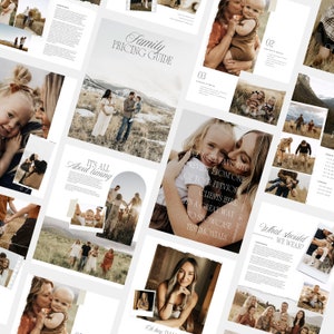 May include: A brochure with a white background and brown text. The brochure is for a family photography business. It includes pricing information, testimonials, and tips for what to wear for a photoshoot.