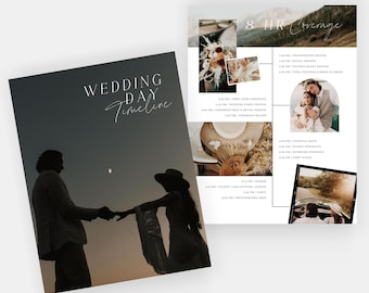 Puede incluir: Una línea de tiempo del día de la boda con una silueta de una pareja tomándose de la mano contra un cielo de puesta de sol. La línea de tiempo incluye detalles como los retratos del primer vistazo, las fotos de la fiesta de bodas, la preparación de la ceremonia, la hora del cóctel, la cena y el primer baile. El texto "8 HR Coverage" está en la parte superior de la línea de tiempo.
