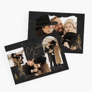 Tarjeta navideña de Canva con plantilla de foto Tarjeta navideña imprimible Tarjeta festiva con foto Tarjeta de Año Nuevo editable con imágenes Árboles dorados CXMAS035