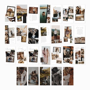 May include: A collage of photos featuring a couple in various locations, including a desert landscape, a forest, and a beach. The photos are arranged in a grid pattern and include text overlays such as "Sneak Peaks" and "Kind Words".