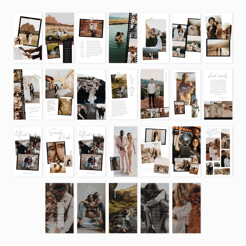 May include: A collage of photos featuring a couple in various locations, including a desert landscape, a forest, and a beach. The photos are arranged in a grid pattern and include text overlays such as "Sneak Peaks" and "Kind Words".