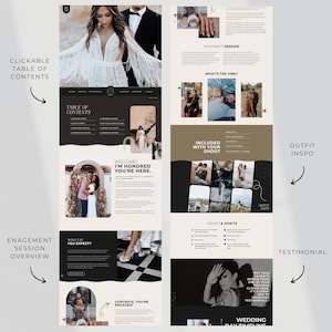 Pu&ograve; includere: Una guida digitale per la pianificazione del matrimonio con un tema in bianco e nero. La guida include sezioni su sessioni di fidanzamento, ispirazione per l'outfit e testimonianze. Il testo "Indice" e "Congratulazioni, sei fidanzato!" sono visibili.