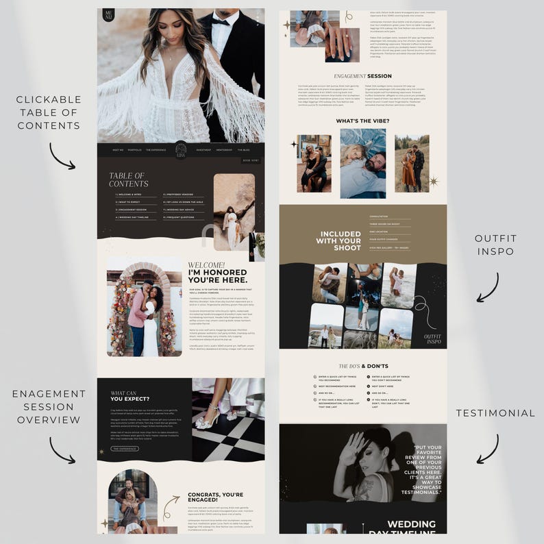 Pu&ograve; includere: Una guida digitale per la pianificazione del matrimonio con un tema in bianco e nero. La guida include sezioni su sessioni di fidanzamento, ispirazione per l'outfit e testimonianze. Il testo "Indice" e "Congratulazioni, sei fidanzato!" sono visibili.