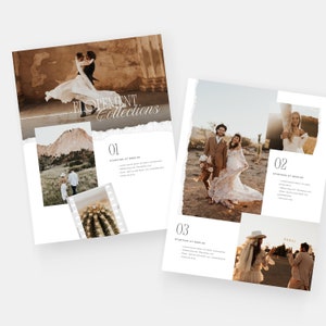 May include: A brochure with a torn paper design showcasing elopement photography packages. The brochure features three different couples in various desert settings. The text on the brochure reads "Elopement Collections" and lists three different packages with starting prices.