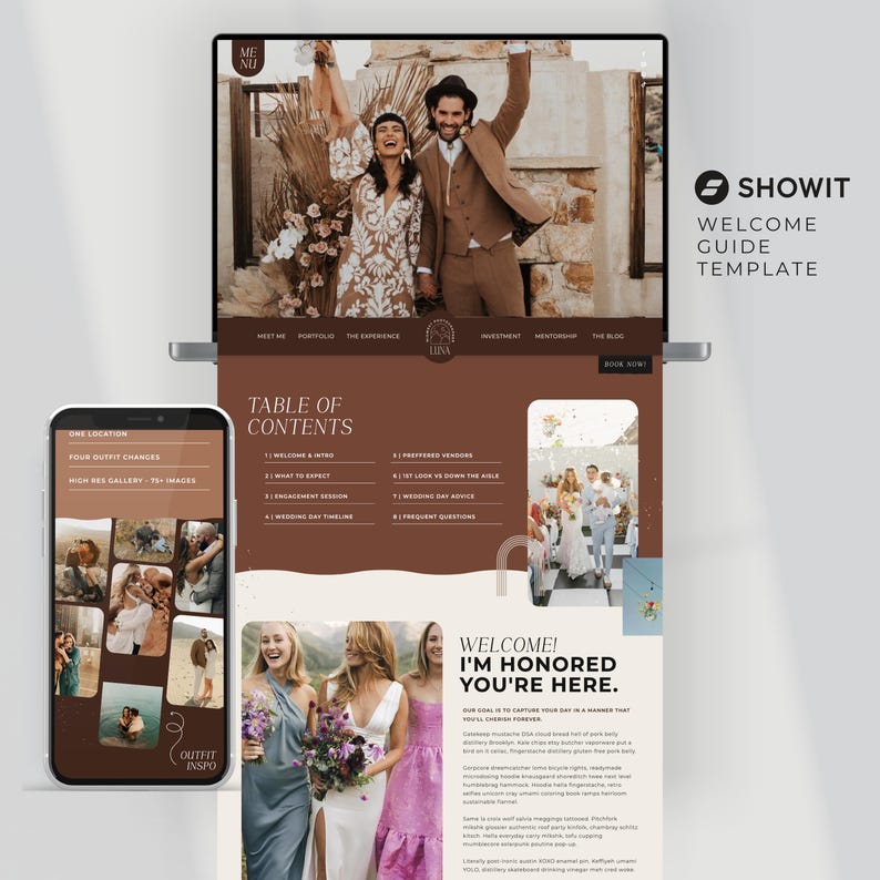 Pu&ograve; includere: Un laptop e uno smartphone che mostrano un modello di sito web di matrimonio. Il sito web presenta una foto di una coppia che festeggia, un sommario e il testo "WELCOME! I'M HONORED YOU'RE HERE."