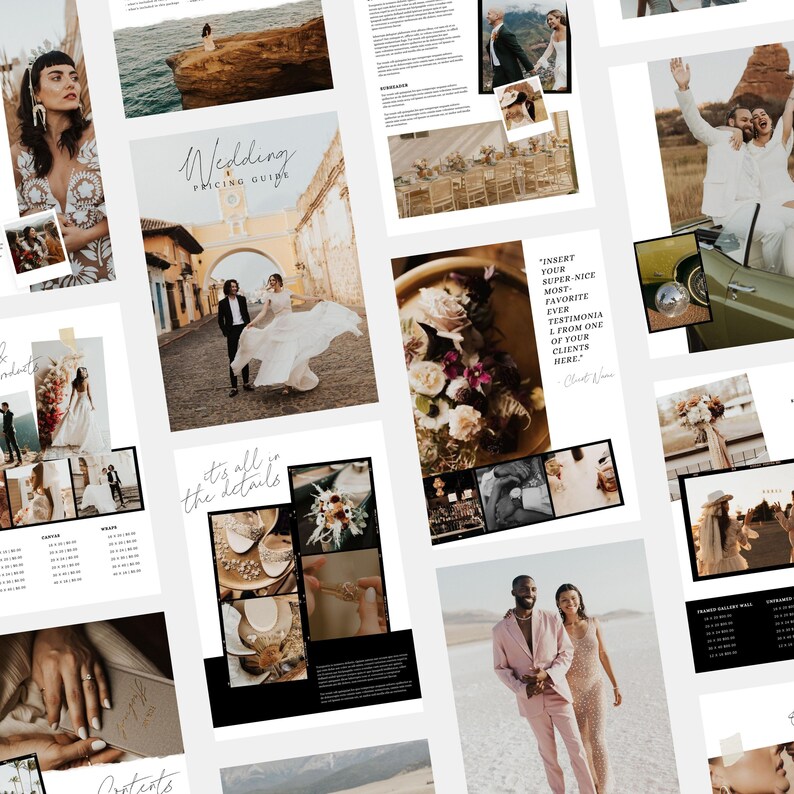 May include: A wedding planning guide with images of brides and grooms in various settings. The guide includes a pricing list and a testimonial from a client. The text "It's all in the details" is featured on one of the pages.