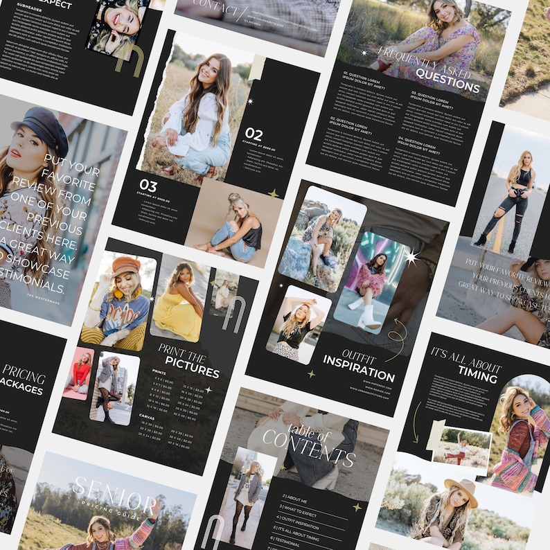 May include: A black and white brochure with a gold star design. The brochure is for senior portrait photography and includes information about pricing, outfit inspiration, frequently asked questions, and testimonials.