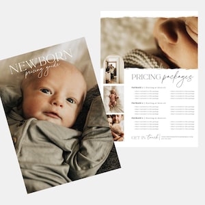 May include: A newborn baby photography pricing guide with images of a baby in different poses. The guide includes three packages with starting prices and a list of what is included in each package. The text "GET IN TOUCH" is at the bottom of the page.