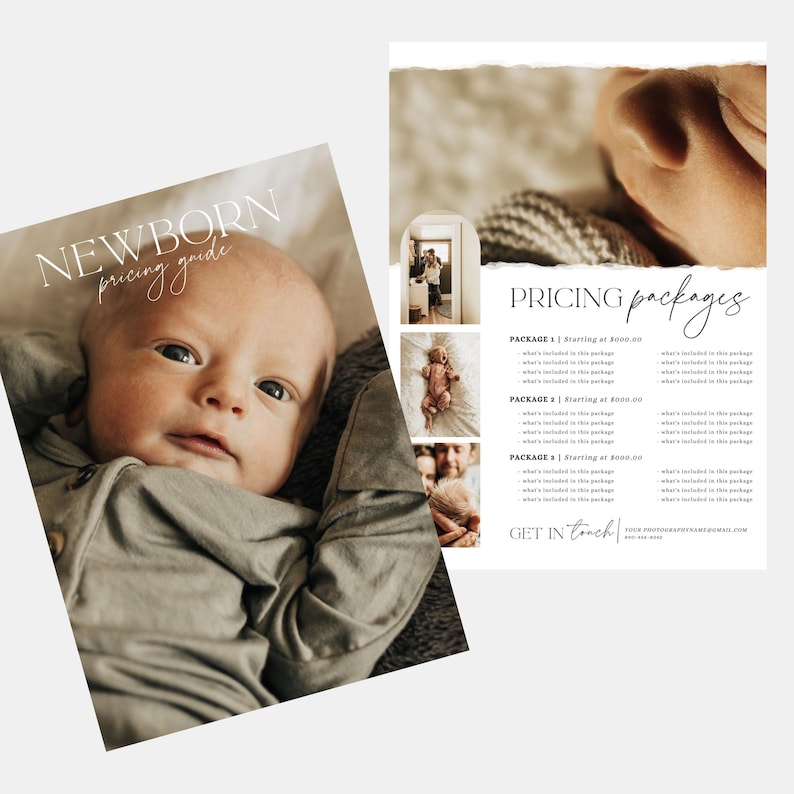May include: A newborn baby photography pricing guide with images of a baby in different poses. The guide includes three packages with starting prices and a list of what is included in each package. The text "GET IN TOUCH" is at the bottom of the page.