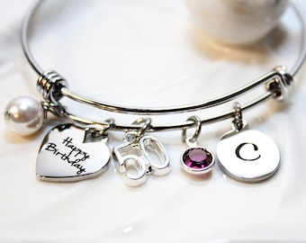 50th Birthday Charm Bangle, Initial, Birthstone, Stainless Steel