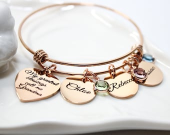 Personalized Rose Gold Grandma Bangle, Custom Birthstone Charm