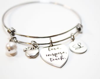 Teacher Charm Bangle, Stainless Steel, Personalized Initial, Apple Charm