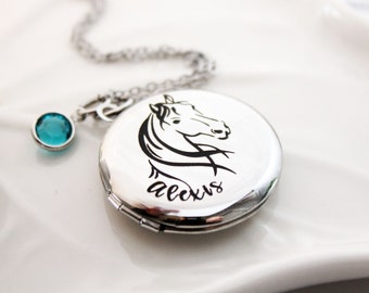 horse necklace, horse name necklace, horse locket necklace, personalized horse necklace, horse jewelry, horse birthday necklace, horse theme