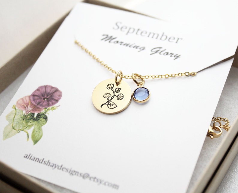 September birth flower necklace, September necklace, September jewelry, September sapphire necklace, september birthday necklace, September image 2