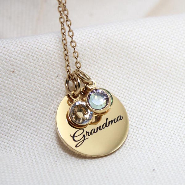 Personalized Grandma Birthstone Necklace, Stainless Steel Charm