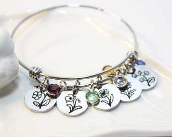 Personalized Grandma Bangle Bracelet, Birth Flower Charm, Birthstone Jewelry