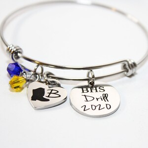 Personalized Drill Team Bangle, Initial Charm, School Colors
