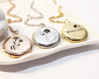 Personalized Stainless Steel Locket Necklace, Birth Flower Engraved