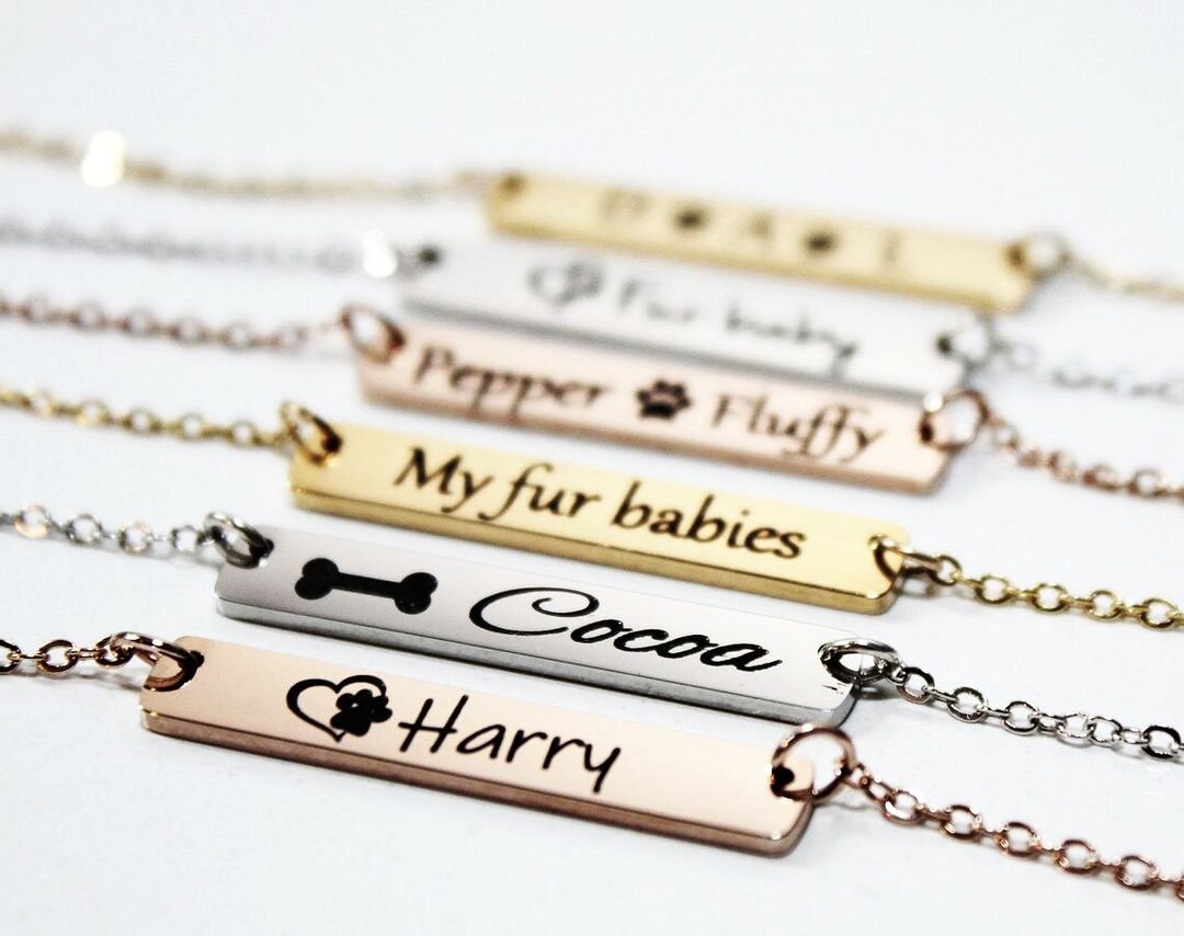 Dog Name Necklace, Personalized Dog Necklace, Dog Bar Necklace, Gold