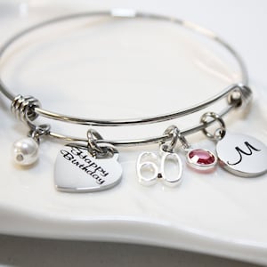 60th birthday bangle, 60th birthday bracelet, 60th birthday jewelry, 60th birthday gift, initial 60th birthday bangle, initial 60th birthday