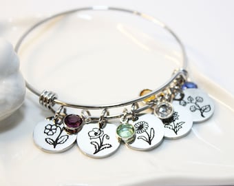 birth flower bracelet, birth flower jewelry, birth flower, birth flower gift, birth flower charms, birth flower engraved, birthflower