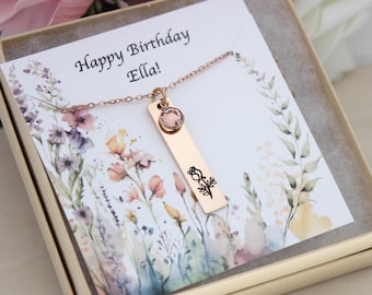 Engraved Birth Flower Necklace, June Birthday Gift, Swarovski Crystal