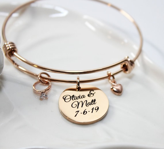 Personalized Bride Bangle, Rose Gold Wedding Date Bracelet