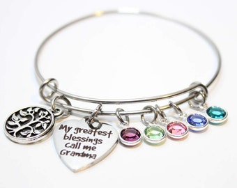 Personalized Grandma Birthstone Bangle, Stainless Steel Tree Charm