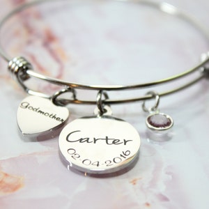 gift for godmother baptism, godmother bracelet with baptism date, godmother gift with baptism date and child name, godmother jewelry