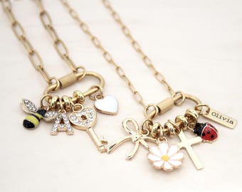 carabiner necklace, build your own carabiner charm necklace, gold carabiner necklace, gold custom charm necklace, custom charms necklace