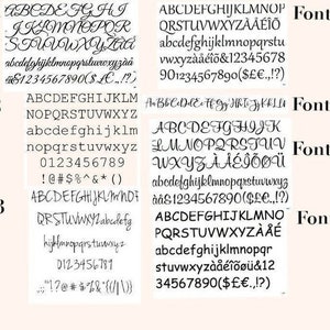 Puede incluir: Se muestran siete estilos de fuente diferentes en tinta negra sobre un fondo blanco. Cada estilo de fuente incluye letras may&uacute;sculas y min&uacute;sculas, n&uacute;meros y signos de puntuaci&oacute;n.