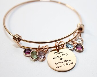 Personalized Rose Gold Grandma Bracelet, Birthstone Bangle