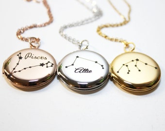 zodiac necklace, zodiac locket necklace, rose gold zodiac necklace, zodiac constellation necklace, personalized zodiac necklace, zodiac