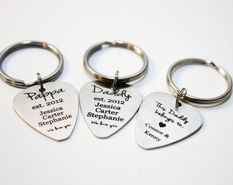 Personalized Dad Guitar Pick Keychain, Engraved Stainless Steel