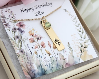 August Birth Flower Necklace, Personalized Birthday Gift, Engraved Bar, Swarovski Crystal