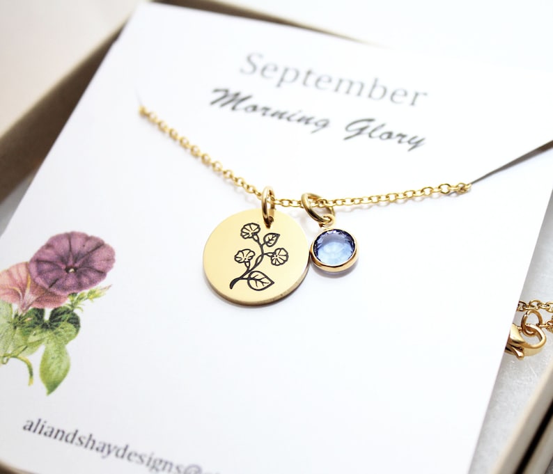 September birth flower necklace, September necklace, September jewelry, September sapphire necklace, september birthday necklace, September image 1