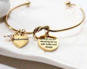 Personalized Knot Bangle Bracelet, Engraved Charm, Bridesmaid Gift