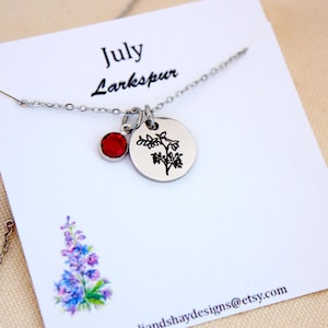 July birth flower necklace, birthday jewelry with birth flower and birthstone, girls birth flower jewelry, gift for women, girls birthday