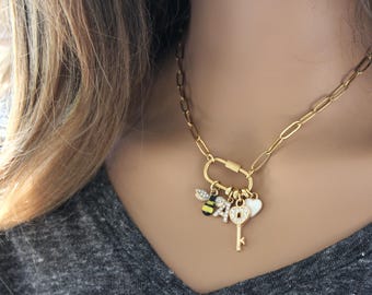 Custom Charm Necklace, Gold Carabiner Clasp, Personalized Gift