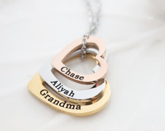 Personalized Layered Heart Necklace, Grandma Gift, Stainless Steel
