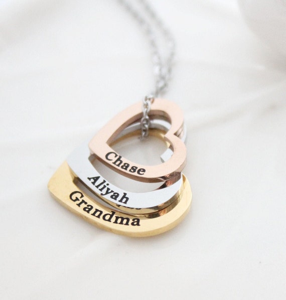 Layered Heart Necklace With Names, Heart Necklace With Child Name