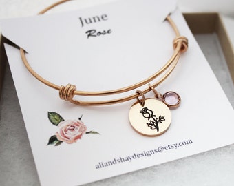 June Birth Flower Bracelet, Rose Engraved Charm, Swarovski Birthstone