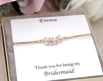 bridesmaid cubic zirconia bracelet, gold bridesmaid leaf adjustable bracelet, gift for bridesmaid, gift for bridal party, maid of honor gift