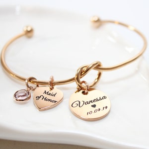 Personalized Maid of Honor Knot Bangle, Engraved Charm Bracelet