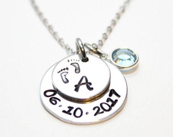 new mother necklace, new mother jewelry, new mother gift, new mother baby initial and brithstone necklace, personalized new mother necklace